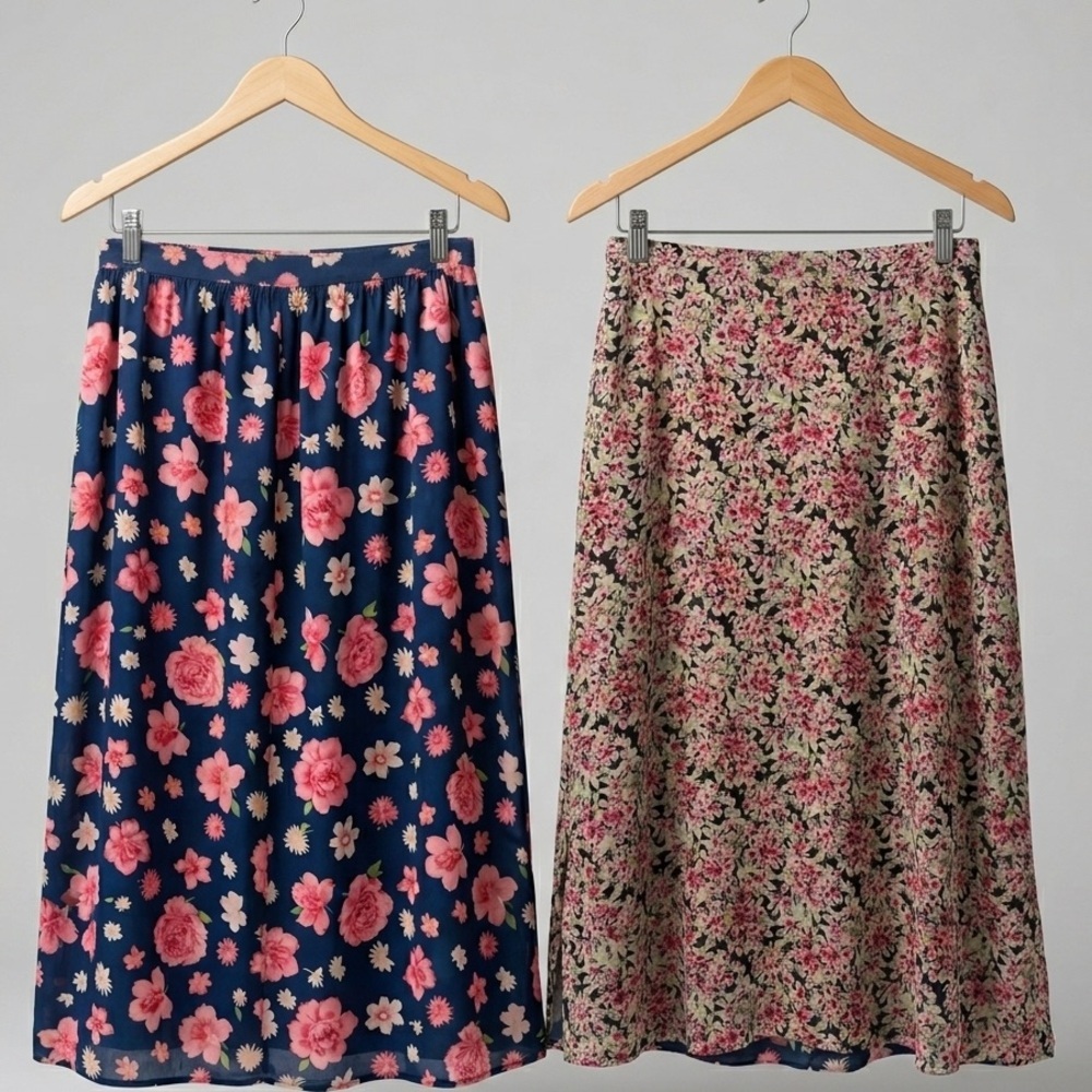 Vintage Reversible Floral Midi Skirt Pink Blue Chiffon Elastic Waist Boho